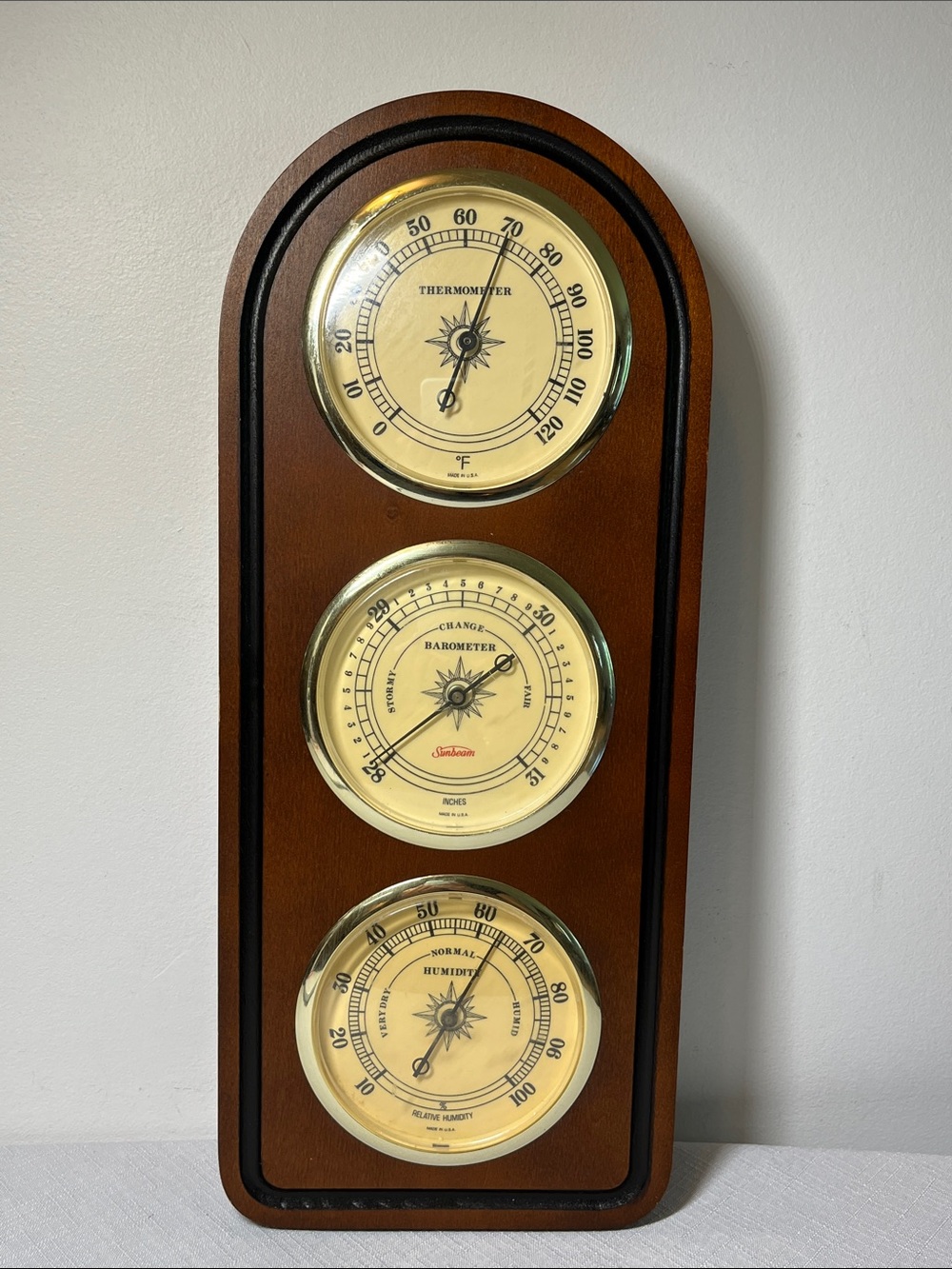Vintage SUNBEAM Vertical WEATHER STATION Thermometer Barometer Hygrometer WOOD